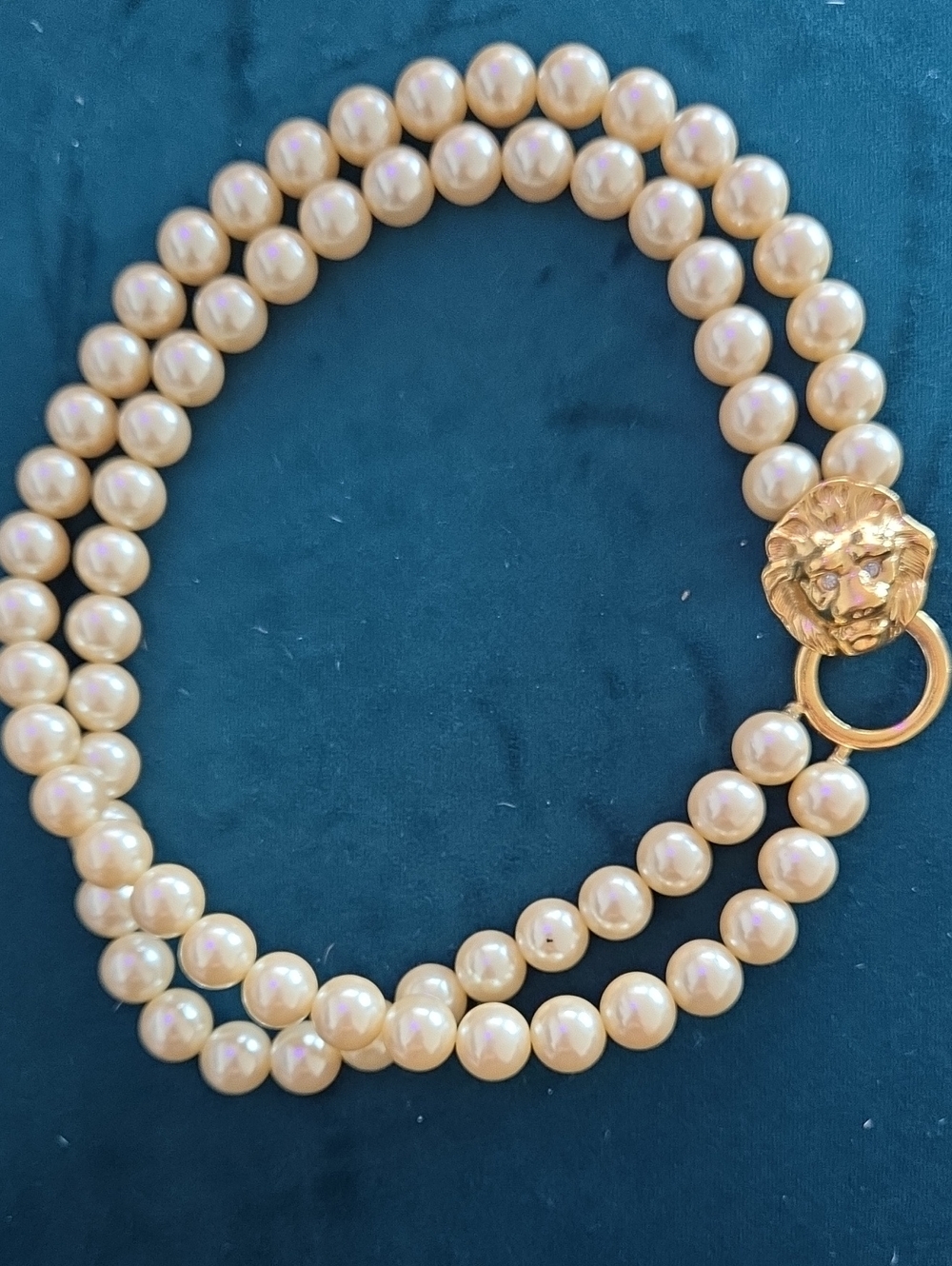 Kenneth Jay Lane Cream Pearl Double Strand Necklace with Gold Lion Clasp